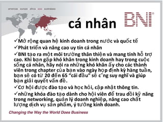 Mở rộng quan hệ kinh doanh trong nước và quốc tế Phát triển và nâng cao uy tín cá nhân  BNI tạo ra một môi trường thân thiện và mang tính hỗ trợ cao. Khi bạn gặp khó khăn trong kinh doanh hay trong cuộc sống cá nhân, hãy nói ra những khó khăn ấy cho các thành viên trong chapter của bạn vào ngày họp định kỳ hàng tuần, bạn sẽ có từ 20 đến 65 “cái đầu” sẽ cùng suy nghĩ và giúp bạn giải quyết vấn đề.  Cơ hội được đào tạo và học hỏi, cập nhật thông tin.  những khóa đào tạo dành cho hội viên để trau dồi kỹ năng trong networking, quản lý doanh nghiệp, nâng cao chất lượng dịch vụ sản phẩm, ý tưởng kinh doanh.   cá nhân 