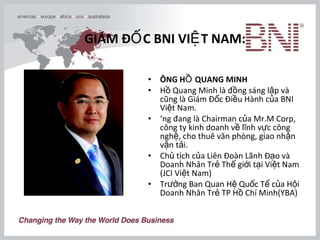 GIÁM ĐỐC BNI VIỆT NAM: ÔNG HỒ QUANG MINH Hồ Quang Minh là đồng sáng lập và cũng là Giám Đốc Điều Hành của BNI Việt Nam. Ông đang là Chairman của Mr.M Corp, công ty kinh doanh về lĩnh vực công nghệ, cho thuê văn phòng, giao nhận vận tải.  Chủ tịch của Liên Đoàn Lãnh Đạo và Doanh Nhân Trẻ Thế giới tại Việt Nam (JCI Việt Nam) Trưởng Ban Quan Hệ Quốc Tế của Hội Doanh Nhân Trẻ TP Hồ Chí Minh(YBA)  