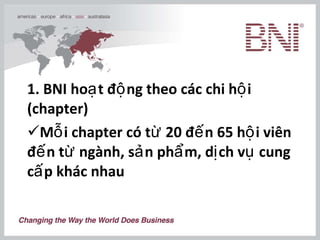 1. BNI hoạt động theo các chi hội (chapter) Mỗi chapter có từ 20 đến 65 hội viên đến từ ngành, sản phẩm, dịch vụ cung cấp khác nhau 