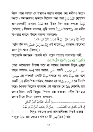 43
িনেত পাের তাহেল েস ই‘রাবও উে�খ করেব এবং দলীলও উে�খ
করেব। উদাহরণতঃ ছা�েক িজেজ্ করা হেব
ٌ
‫َُﻤَّﺪ‬ٌ‫م‬ِ‫د‬‫ﺎ‬
َ
‫ﻗ‬ (মুহা�দ
আগমনকারী) এখােন
ٌ
‫َُﻤَّﺪ‬ এর ইরাব িক? ছা� বলেব:
ٌ
‫ا‬
َ
‫ﺪ‬َ‫ﺘ‬
ْ
‫ﺒ‬ُ‫ﻣ‬
(উে�শয)। িশক্ বলেবন: তুিম বেলছ
ٌ
‫ا‬
َ
‫ﺪ‬َ‫ﺘ‬
ْ
‫ﺒ‬ُ‫ﻣ‬ (উে�শয); এর দলীল
িক? ছা� বলেব: ইবেন মােলক বেলেছন: ٌ
‫أ‬
َ
‫ﺪ‬َ‫ﺘ‬
ْ
‫ﺒ‬ُ‫ﻣ‬
ٌ
‫ﺪ‬ْ�َ‫ز‬ٌ‫ر‬ِ‫ذ‬ َ‫َﺎﻋ‬ٌ َ‫َﺮﺒ‬::
ْ
‫ن‬ِ‫إ‬َ‫ﺖ‬
ْ
‫ﻠ‬
ُ
‫ﻗ‬
ٌ
‫ﺪ‬ْ�َ‫ز‬ٌ‫ر‬ِ‫ذ‬ َ‫ﻋ‬ْ‫ﻦ‬َ‫ﻣ‬َ‫ر‬
َ
‫ﺬ‬َ‫ﺘ‬
ْ
�‫ا‬
“তু িম যিদ বল:
ٌ
‫ﺪ‬ْ�َ‫ز‬ٌ‫ر‬ِ‫ذ‬ َ‫ﻋ‬ْ‫ﻦ‬َ‫ﻣ‬َ‫ر‬
َ
‫ﺬ‬َ‫ﺘ‬
ْ
�‫ا‬ এই বােকয
ٌ
‫ﺪ‬ْ�َ‫ز‬ মুবতাদা (উে�শয)
এবং ٌ‫ر‬ِ‫ذ‬ َ‫ﻋ‬ খবর (িবেধয়)।
আেরকিট উদাহরণ- আপিন যিদ পেড়ন আ�াহ তা‘আলার বাণী:
﴿َ‫ﻳﻦ‬ِ
ّ
َ�ِ
َ
‫ﻻ‬
َ
‫ﻮن‬
ُ
‫ﻨ‬ِ‫ﻣ‬
ْ
‫ﺆ‬ُ‫ﻳ‬ِ‫ة‬َ‫ﺮ‬ِ‫ﺧ‬َ
ْ
‫ﺎﻵ‬ِ‫ﺑ‬
ُ
‫ﻞ‬
َ
‫ﺜ‬َ‫ﻣ‬‫ء‬ْ‫ﻮ‬ َّ‫لﺴ‬﴾
(যারা আেখরােত িব�াস কের না তােদর উদাহরণ িনকৃ �)।[সূরা
নাহল, আয়াত: ৬০] ছা� বলেব: ‫ﺬﻟﻳﻦ‬ শ�িট ‫اﺳﻢ‬‫مﻮﺻﻮل‬ । ‫اﺳﻢ‬
‫مﻮﺻﻮل‬ এর অবশয্ একিট
ٌ
‫ﺔ‬
َ
‫ﻠ‬ ِ‫ﺻ‬ থাকেত হয় এবং
ٌ
‫ﺔ‬
َ
‫ﻠ‬ ِ‫ﺻ‬ এর মেধয
একিট
ٌ
‫ﺋﺪ‬ َ‫ﻋ‬ (িনেদর্শ সবর্না) থাকেত হয় যা ‫اﺳﻢ‬‫مﻮﺻﻮل‬ েক িনেদর্
কের। িশক্ িজেজ্ করেবন এই আয়ােত েস
ٌ
‫ﺋﺪ‬ َ‫ﻋ‬ েকানিট? ছা�
জবাব িদেব: েসিট িবলু�। িশক্ �� করেবন: দলীল িক? ছা�
জবাব িদেব: ইবেন মােলক বেলেছন-
...........................................………
ُ
‫ف‬
ْ
‫ﺬ‬َْ
‫َاﺤﻟ‬ْ‫ﻢ‬
ُ
‫ﻫ‬
َ
‫ﺪ‬
ْ
‫ﻨ‬ِ‫ﻋ‬ٌ�ِ‫ﺜ‬
َ
‫ﻛ‬�َ‫ﺠ‬
ْ
‫ﻨ‬ُ‫ﻣ‬
ِ‫ﻓ‬ٍ‫ﺪ‬ِ‫ﺋ‬ َ‫ﻋ‬ٍ‫ﻞ‬ ِ‫ُﺘَّﺼ‬ِ‫إن‬
ْ
‫ﺐ‬ َ‫ﺼ‬َ‫ﺘ‬
ْ
�‫ا‬……ٍ‫ﻞ‬
ْ
‫ﻌ‬ِ‫ﻔ‬ِ‫ﺑ‬ْ‫أو‬ٍ‫ﻒ‬
ْ
‫ﺻ‬َ‫و‬ْ‫ﻦ‬َ‫ﻤ‬
َ
‫ﻛ‬‫ﻮ‬ُ‫ﺟ‬ْ‫ﺮ‬
َ
‫ﻧ‬
ْ
‫ﺐ‬َ‫ﻬ‬
َ
�
“…………………িবলু� করেণর �থা ভাষাভাষীেদর িনকট �চুর।
সংযু�
ٌ
‫ﺪ‬ِ‫ﺋ‬ َ‫ﻋ‬ এর েক্ষে যিদ েস িট ‫ﻞ‬
ْ
‫ﻌ‬ِ‫ﻓ‬ (ি�য়া) �ারা
 