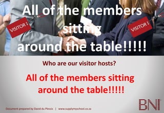 Document prepared by David du Plessis | www.supplymyschool.co.za
Who are our visitor hosts?
All of the members sitting
around the table!!!!!
All of the members
sitting
around the table!!!!!
 