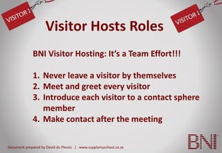 Document prepared by David du Plessis | www.supplymyschool.co.za
Visitor Hosts Roles
BNI Visitor Hosting: It’s a Team Effort!!!
1. Never leave a visitor by themselves
2. Meet and greet every visitor
3. Introduce each visitor to a contact sphere
member
4. Make contact after the meeting
 