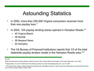 Astounding Statistics In 2003, more than 250,000 Virginia consumers received more than one payday loan.* In 2003, 124 payday lending stores opened in Hampton Roads.** 40 Virginia Beach 36 Norfolk 26 Newport News 20 Hampton The VA Bureau of Financial Institutions reports that 1/3 of the total statewide payday lenders reside in the Hampton Roads area.*** Sources: *Better Business Bureau Serving Western Virginia Consumer Alert: Virginia Data Proves Payday Loans Equal Costly Cash. June, 2004. **Flagship News. It’s Hard To Break Free From Payday Lending Trap. http://www.flagshipnews.com. June 19, 2003 ***The Virginia Pilot. Payday Lenders Expect Booming Business Here Military Presence, Tight Incomes And A New State Law Help Draw Short-term Loan Firms to Hampton Roads. October, 2002. 