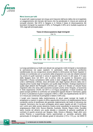 7
24 aprile 2013
setesettembresette
SettsettembreAgost
o 2008
Meno lavoro per tutti
In quasi tutti i paesi europei nei cinque anni trascorsi dall’avvio della crisi si è registrato
un peggioramento del mercato del lavoro che ha penalizzato in misura più severa gli
occupati stranieri. Nel 2012 in Spagna e in Grecia il tasso di disoccupazione dei
lavoratori immigrati ha superaro il 30%, in Portogallo il 20% ed è risultato superiore al
10% negli altri principali paesi.
Tasso di disoccupazione degli immigrati
(Val. %)
16
6
8
12
16
8
7
12
8
11
18
33
36
19
14
10
27
9
Germania Irlanda Grecia Spagna Francia Italia Paesi
Bassi
Portogallo Regno
Unito
2007
2012
Fonte: Eurostat
La lunga persistenza su livelli così elevati sta spingendo molti immigrati a riconsiderare
la permanenza nei paesi ospitanti. In particolare, nelle economie periferiche
caratterizzate da una congiuntura ancora debole la diminuzione dei flussi migratori in
entrata si è combinata con un aumento delle emigrazioni non solo dei cittadini stranieri
ma anche di quelli nazionali in cerca di opportunità di lavoro in altri paesi. È il caso
della Spagna dove nel 2011, per la prima volta da quando le rilevazioni sono
disponibili, il flusso complessivo delle uscite è stato maggiore delle entrate di 50mila
unità e dell’Irlanda (-34mila), dove all’iniziale calo degli ingressi all’avvio della crisi è
seguita prima l’uscita degli immigrati e poi quella degli irlandesi. Analoga esperienza è
quella degli abitanti del Portogallo (-24mila) per i quali si è rilevato un robusto flusso
migratorio oltre che verso altre economie europee anche verso l’Angola, un’economia
in forte espansione (+8,9% nel 2011) e di lingua portoghese. Il trend condiviso dai
paesi europei periferici si confronta con andamenti opposti rilevati in Germania, paese
di arrivo in prevalenza di greci e spagnoli (+80% e +50% a/a rispettivamente nel 2011)
e in misura più contenuta di portoghesi e italiani (+20% a/a).
I lunghi anni trascorsi dalla trasformazione di alcuni paesi europei da luoghi di
emigrazioni a nazioni in grado di offrire opportunità di lavoro e di stabilizzazione hanno
consentito anche di beneficiare del generale miglioramento del livello di istruzione dei
migranti, fenomeno che ha però privilegiato alcuni paesi rispetto ad altri. Il confronto
con i primi anni dello scorso decennio mostra come soprattutto le economie di lingua
anglosassone (Stati Uniti, Nuova Zelanda, Australia, Irlanda, Regno Unito, Canada)
siano riuscite ad attrarre una quota elevata e crescente di persone qualificate al
contrario di quanto avvenuto per Spagna, Italia, Grecia e Messico. Negli ultimi anni
anche Polonia e Lussemburgo hanno sperimentato un sensibile aumento della
percentuale di immigrati con elevato grado di istruzione (+19 e +14 p.p. nel 2009-10
 