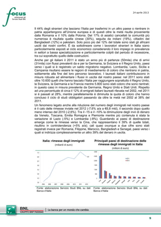 9
24 aprile 2013
setesettembresette
SettsettembreAgost
o 2008
Il 44% degli stranieri che lasciano l’Italia per trasferirsi in un altro paese o rientrare in
patria appartengono all’Unione europea e di questi oltre la metà risulta proveniente
dalla Romania e il 10% dalla Polonia. Del 17% di asiatici cancellati la comunità più
numerosa è risultata quella cinese (30%), seguita da indiani (19%), cittadini del
Bangladesh (12%) e pakistani. Solo poco più del 12% del totale sono stati gli africani
usciti dai nostri confini. È da sottolineare come i lavoratori stranieri in Italia siano
particolarmente esposti al ciclo economico considerando il loro impiego in prevalenza
in settori a bassa specializzazione e particolarmente colpiti dal periodo di recessione,
tra cui soprattutto quello delle costruzioni.
Anche per gli italiani il 2011 è stato un anno più di partenze (50mila) che di arrivi
(31mila) con flussi prevalenti da e per la Germania, la Svizzera e il Regno Unito, paesi
verso i quali si è registrato un saldo migratorio negativo. Lombardia, Lazio, Sicilia e
Campania risultano essere le regioni di insediamento di coloro che rientrano in patria,
solitamente alla fine del loro percorso lavorativo. I laureati italiani contribuiscono in
misura robusta ad alimentare i flussi in uscita dal nostro paese: nel 2011 sono stati
oltre 10.600 quelli che hanno lasciato l’Italia per raggiungere soprattutto il Regno Unito,
la Svizzera, la Germania e la Francia mentre 5.800 sono stati coloro che sono rientrati;
in questo caso in misura prevalente da Germania, Regno Unito e Stati Uniti. Rispetto
ad una percentuale di circa il 12% di emigrati italiani laureati rilevata nel 2002, nel 2011
si è passati al 28%, mentre parallelamente è diminuita la quota di coloro che hanno
concluso il ciclo di studi obbligatori passando da oltre la metà nel 2002 al 38% del
2011.
Un fenomeno legato anche alla riduzione del numero degli immigrati nel nostro paese
è il calo delle rimesse inviate nel 2012 (-7,6% a/a a €6,8 mld), il secondo dopo quello
meno intenso del 2010 (-2,6%). Tra il -15 e il -10% la diminuzione degli invii di denaro
da Veneto, Toscana, Emilia Romagna e Piemonte mentre più contenuta è stata la
variazione di Lazio (-5%) e Lombardia (-8%). Guardando ai paesi di destinazione
emerge come le rimesse verso la Cina, che rappresentano il 39% di quelle totali,
risultino in controtendenza (+5% a/a); cali quasi ovunque a due cifre sono stati
registrati invece per Romania, Filippine, Marocco, Bangladesh e Senegal, paesi verso i
quali si indirizza complessivamente un altro 39% del denaro in uscita.
Italia: rimesse degli immigrati
(miliardi di euro)
Principali paesi di destinazione delle
rimesse degli immigrati in Italia
(milioni di euro)
6,8
3,8
4,3
4,8
5,3
5,8
6,3
6,8
7,3
2005 2006 2007 2008 2009 2010 2011 2012
0
500
1.000
1.500
2.000
2.500
3.000
2011
2012
Fonte: elaborazione Servizio Studi BNL su dati
Banca d’Italia
Fonte: elaborazione Servizio Studi BNL su dati
Banca d’Italia
 