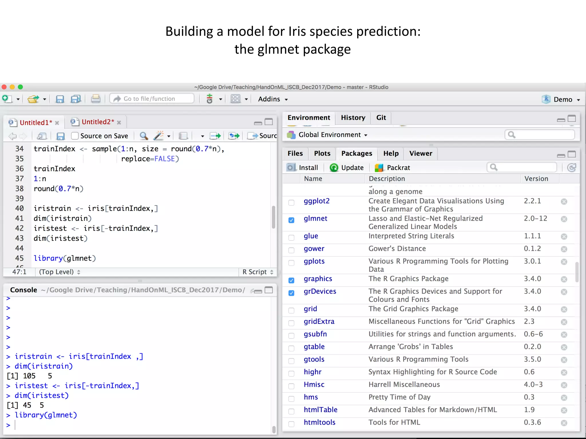 63
Building	a	model	for	Iris	species	prediction:		
the	glmnet	package
 