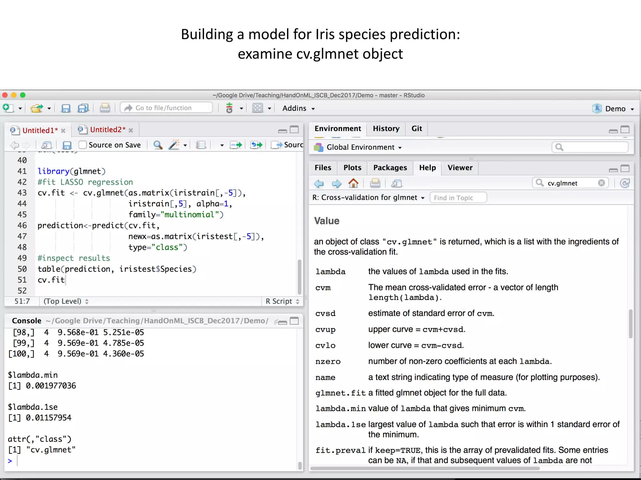 69
Building	a	model	for	Iris	species	prediction:		
examine	cv.glmnet	object
 
