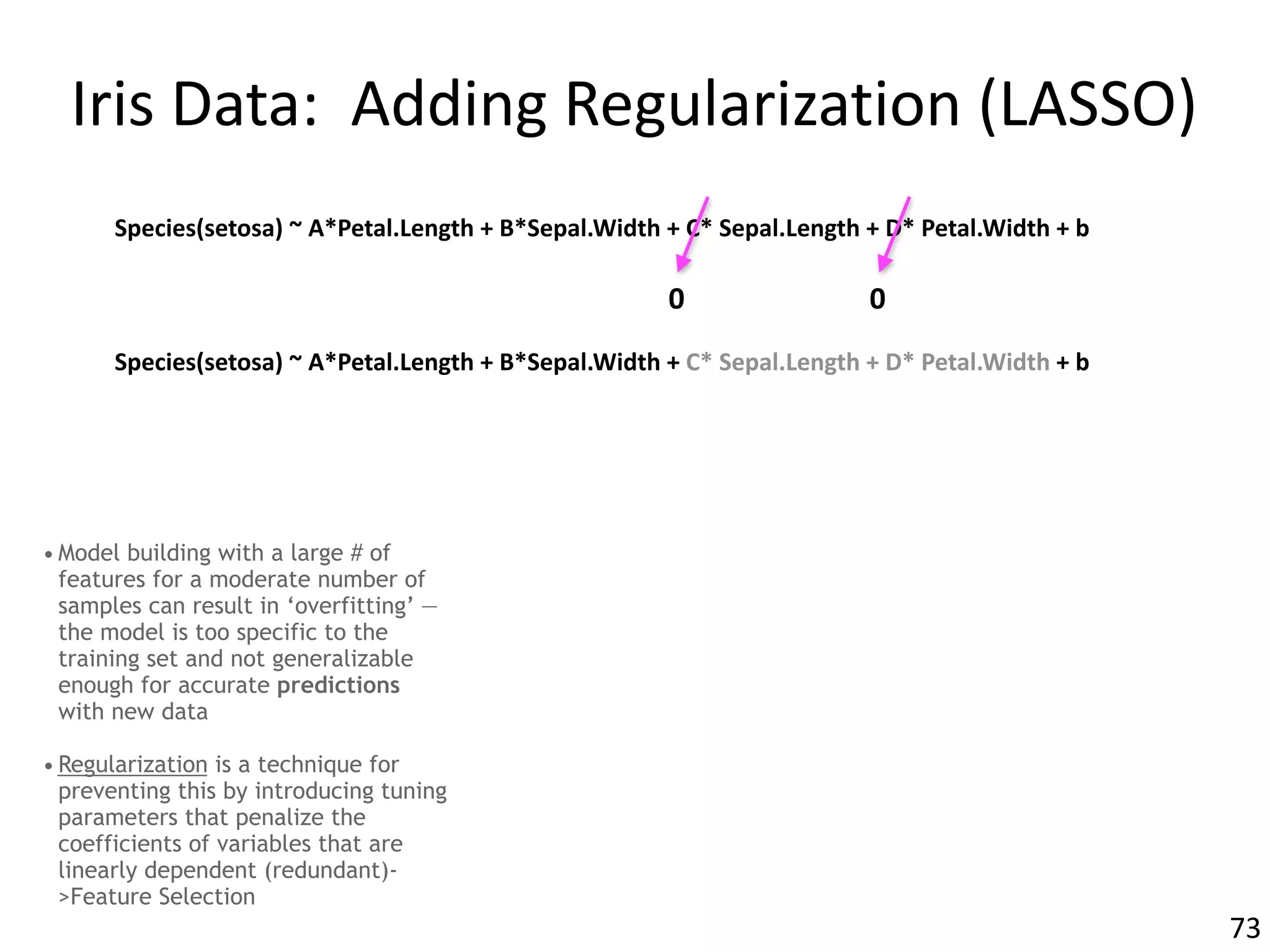 Iris	Data:		Adding	Regularization	(LASSO)
• Model building with a large # of
features for a moderate number of
samples can result in ‘overfitting’ —
the model is too specific to the
training set and not generalizable
enough for accurate predictions
with new data
• Regularization is a technique for
preventing this by introducing tuning
parameters that penalize the
coefficients of variables that are
linearly dependent (redundant)-
>Feature Selection
73
Species(setosa)	~	A*Petal.Length	+	B*Sepal.Width	+	C*	Sepal.Length	+	D*	Petal.Width	+	b
0 0
Species(setosa)	~	A*Petal.Length	+	B*Sepal.Width	+	C*	Sepal.Length	+	D*	Petal.Width	+	b
 