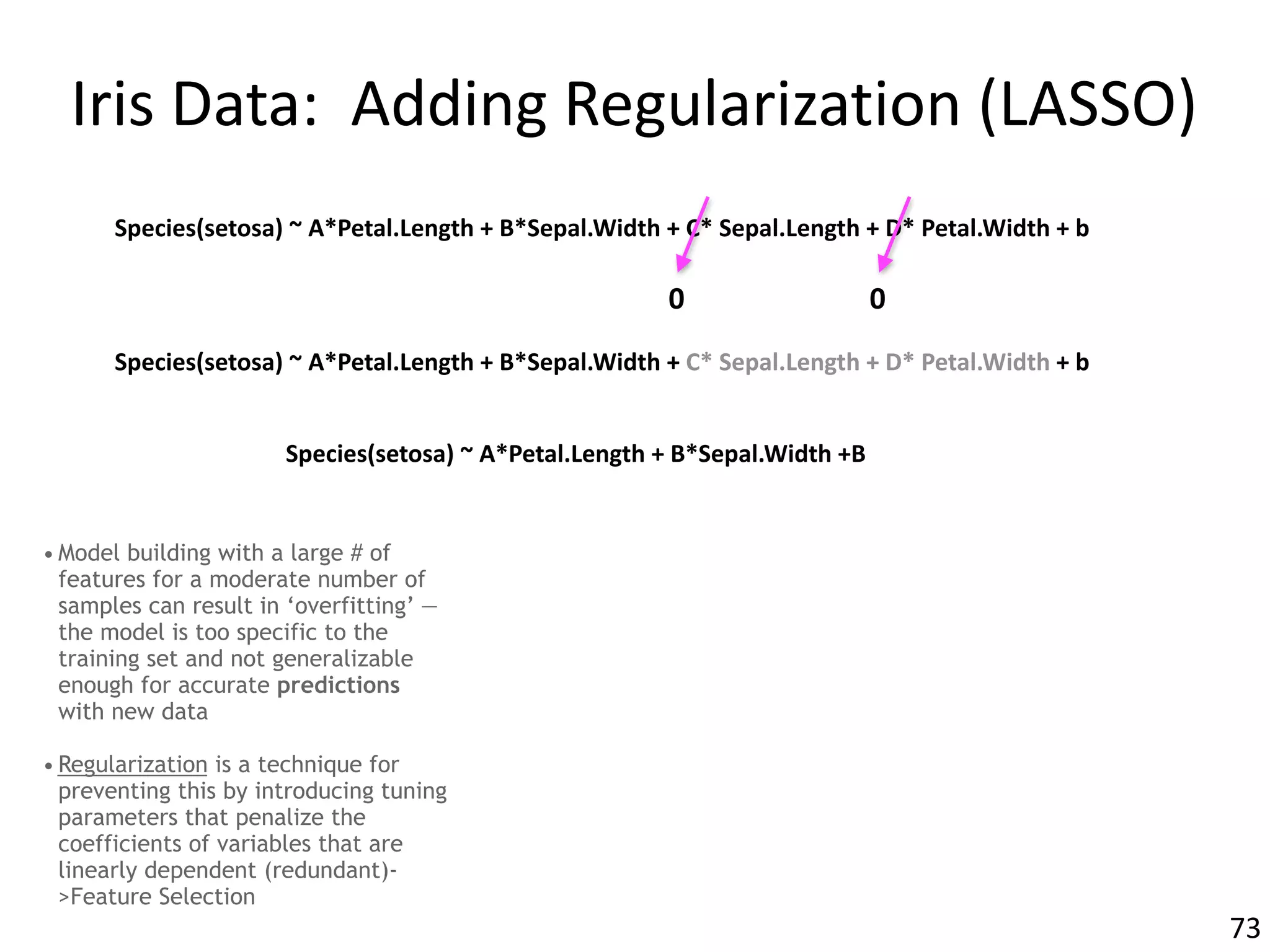 Iris	Data:		Adding	Regularization	(LASSO)
• Model building with a large # of
features for a moderate number of
samples can result in ‘overfitting’ —
the model is too specific to the
training set and not generalizable
enough for accurate predictions
with new data
• Regularization is a technique for
preventing this by introducing tuning
parameters that penalize the
coefficients of variables that are
linearly dependent (redundant)-
>Feature Selection
73
Species(setosa)	~	A*Petal.Length	+	B*Sepal.Width	+	C*	Sepal.Length	+	D*	Petal.Width	+	b
0 0
Species(setosa)	~	A*Petal.Length	+	B*Sepal.Width	+	C*	Sepal.Length	+	D*	Petal.Width	+	b
Species(setosa)	~	A*Petal.Length	+	B*Sepal.Width	+B
 