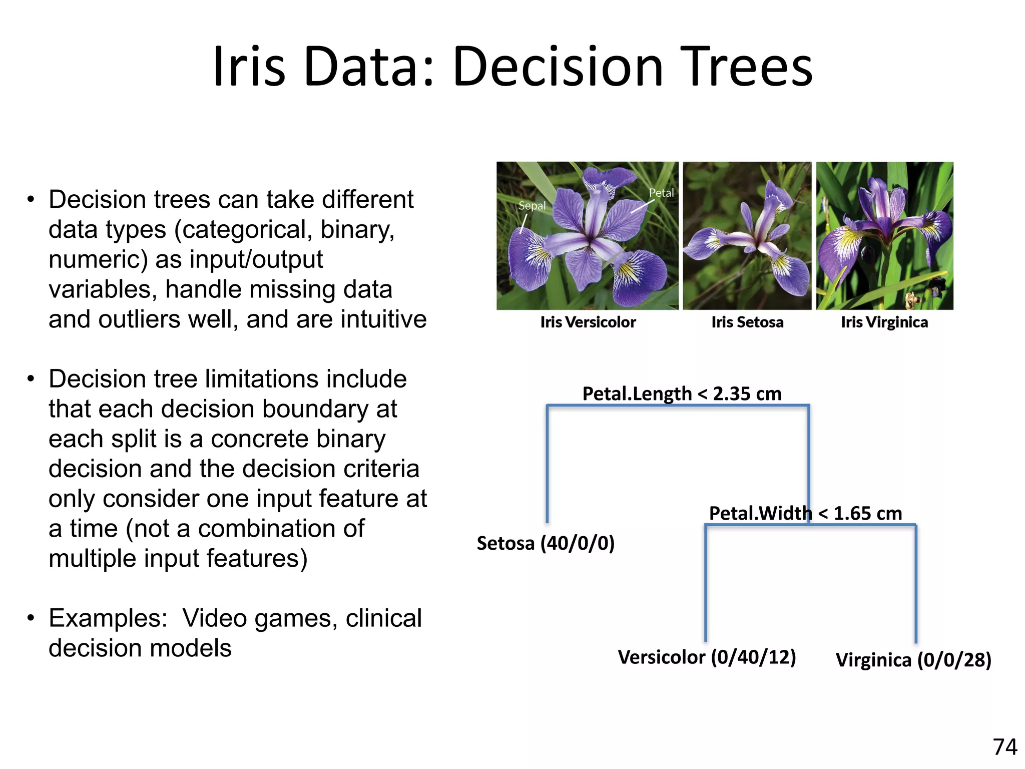 Iris	Data:	Decision	Trees
• Decision trees can take different
data types (categorical, binary,
numeric) as input/output
variables, handle missing data
and outliers well, and are intuitive
• Decision tree limitations include
that each decision boundary at
each split is a concrete binary
decision and the decision criteria
only consider one input feature at
a time (not a combination of
multiple input features)
• Examples: Video games, clinical
decision models
74
Petal.Length	<	2.35	cm
Setosa	(40/0/0)
Petal.Width	<	1.65	cm
Versicolor	(0/40/12) Virginica	(0/0/28)
 