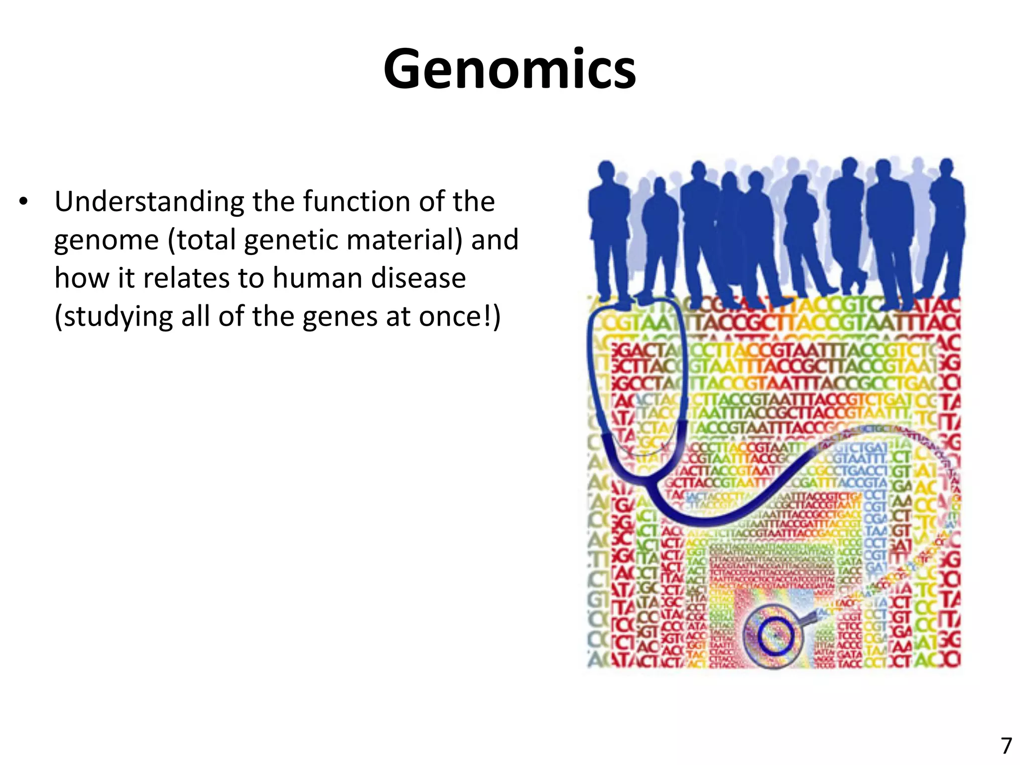 Genomics
• Understanding	the	function	of	the	
genome	(total	genetic	material)	and	
how	it	relates	to	human	disease	
(studying	all	of	the	genes	at	once!)
7
 