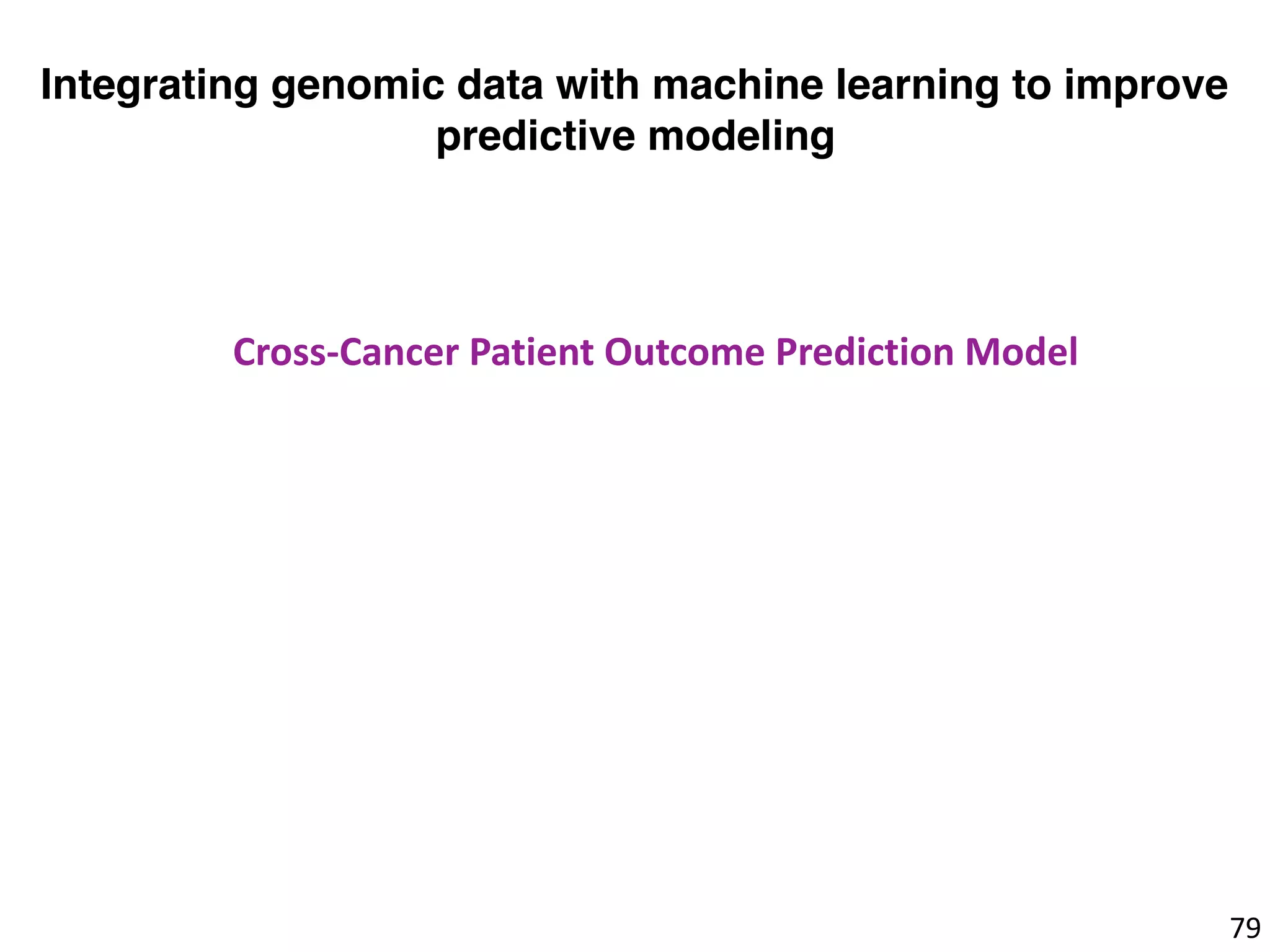 79
Integrating genomic data with machine learning to improve
predictive modeling
Cross-Cancer	Patient	Outcome	Prediction	Model
 