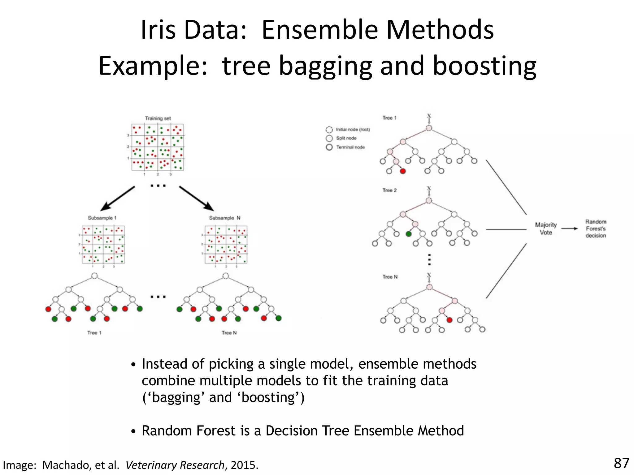 Iris	Data:		Ensemble	Methods		
Example:		tree	bagging	and	boosting
• Instead of picking a single model, ensemble methods
combine multiple models to fit the training data
(‘bagging’ and ‘boosting’)
• Random Forest is a Decision Tree Ensemble Method
Image:		Machado,	et	al.		Veterinary	Research,	2015.		 87
 