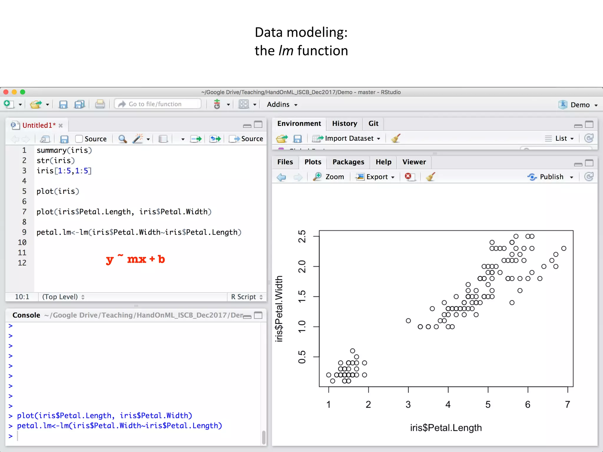 40
Data	modeling:	
the	lm	function	
y ~ mx + b
 