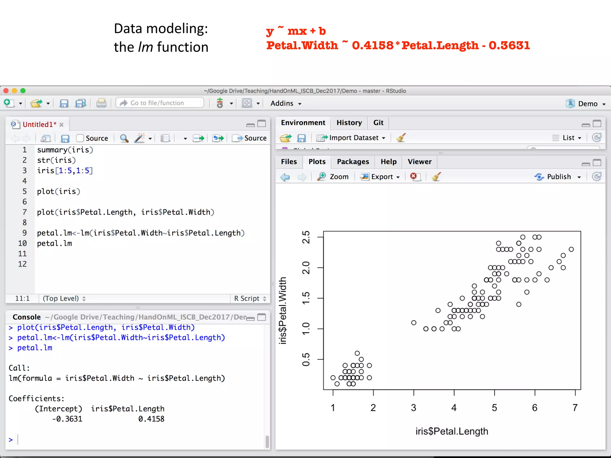 41
Data	modeling:	
the	lm	function	
y ~ mx + b
Petal.Width ~ 0.4158*Petal.Length - 0.3631
 