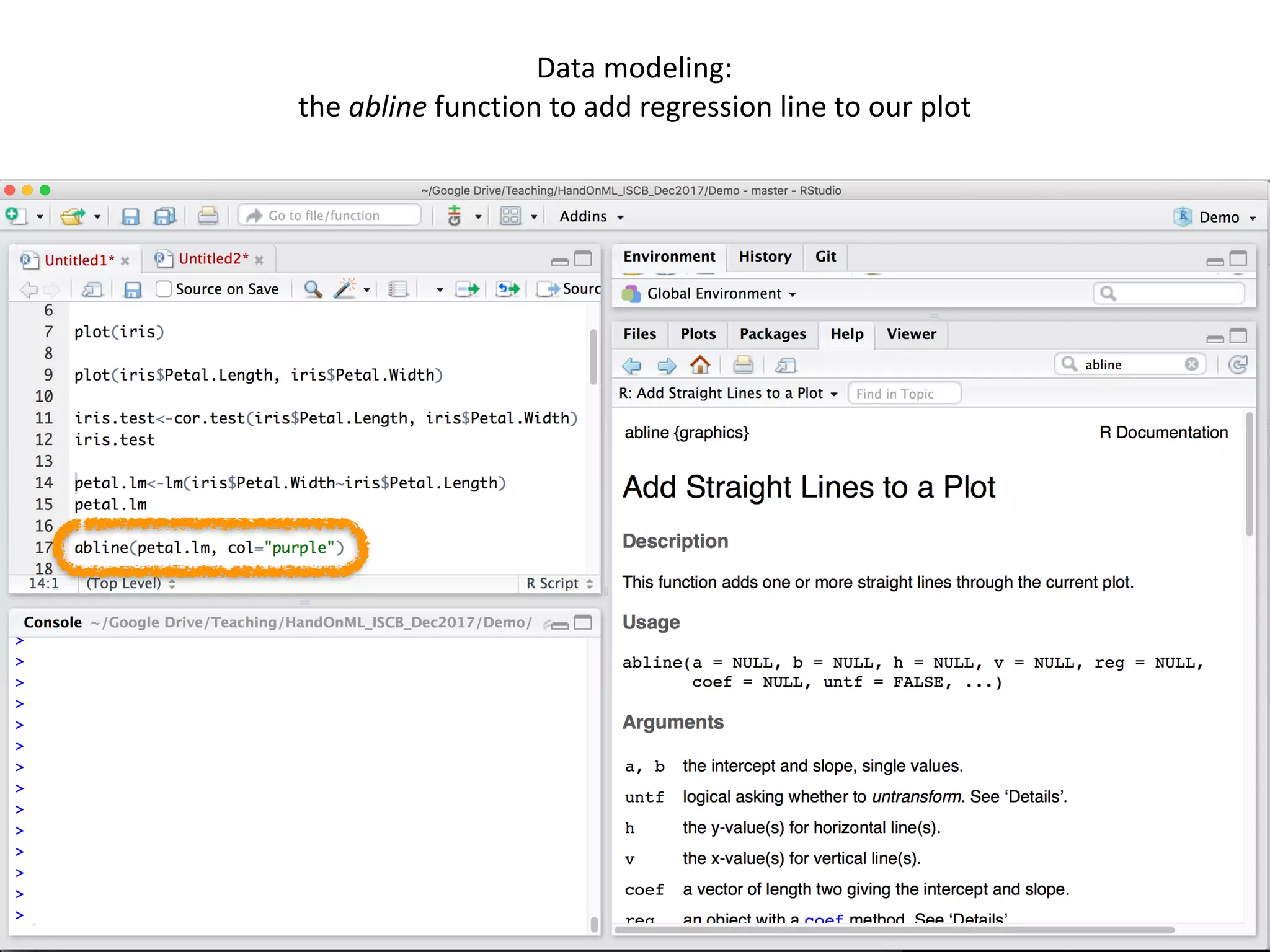 42
Data	modeling:	
the	abline	function	to	add	regression	line	to	our	plot	
 