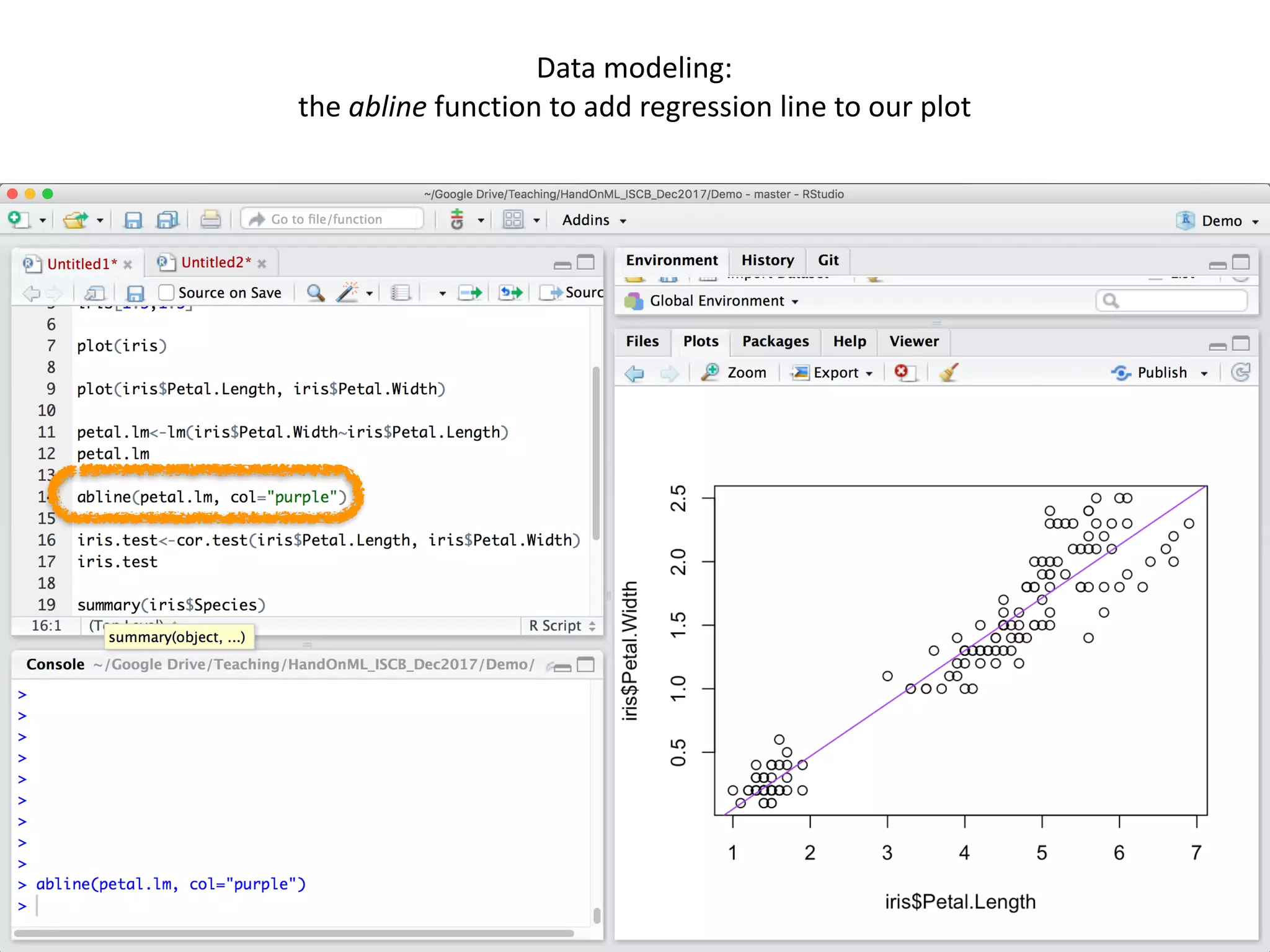 43
Data	modeling:	
the	abline	function	to	add	regression	line	to	our	plot	
 