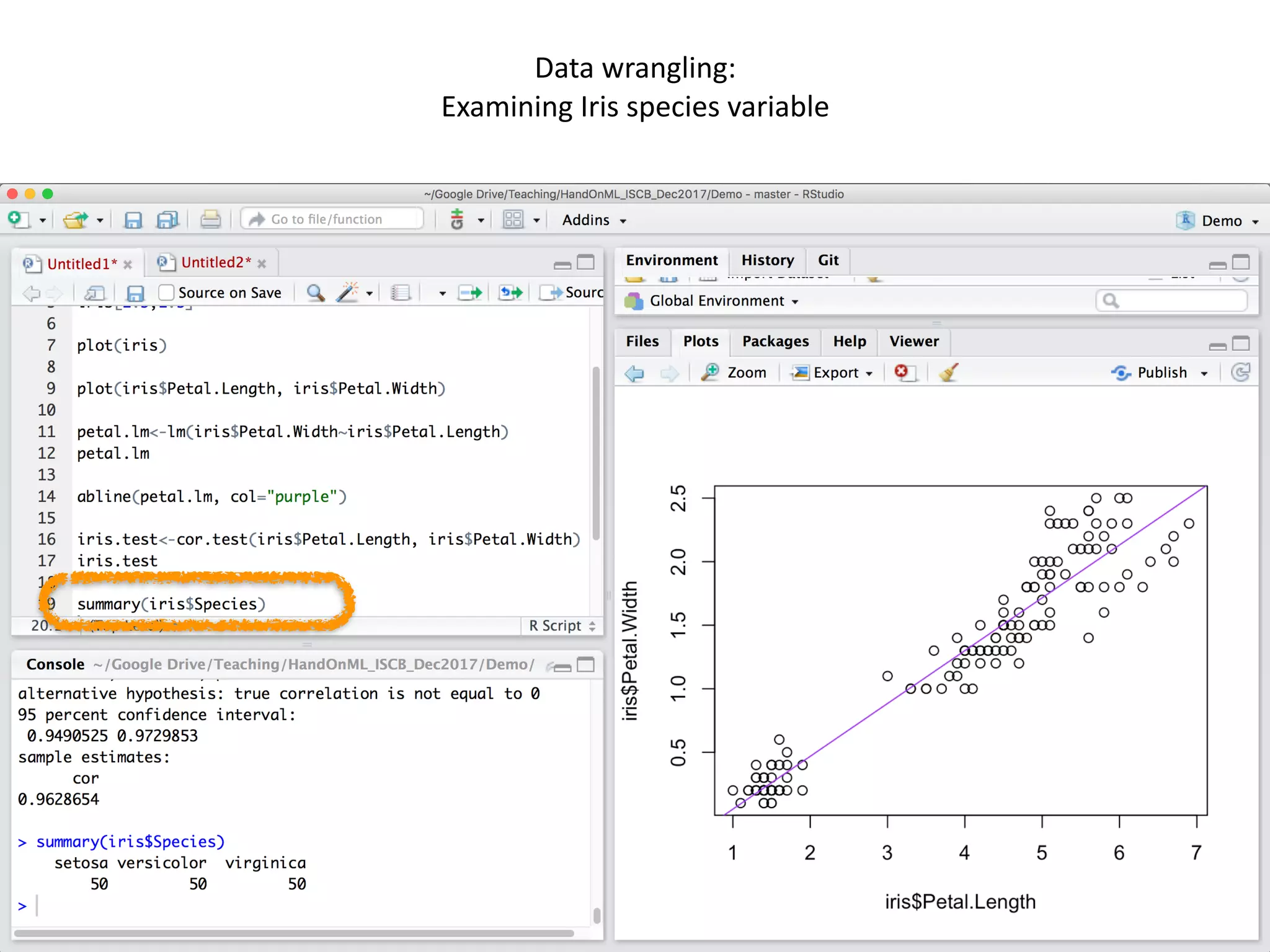 47
Data	wrangling:	
Examining	Iris	species	variable
 