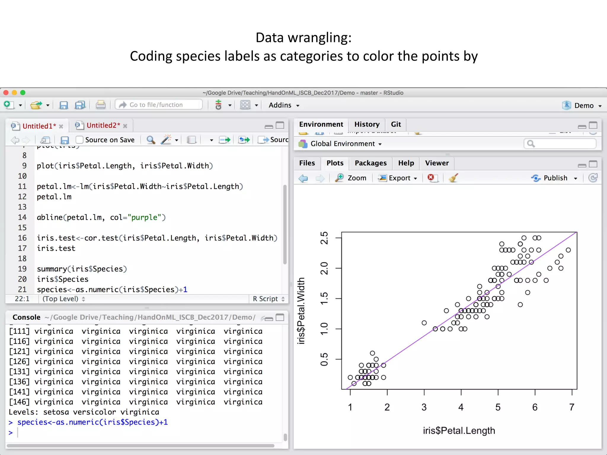 48
Data	wrangling:	
Coding	species	labels	as	categories	to	color	the	points	by	
 
