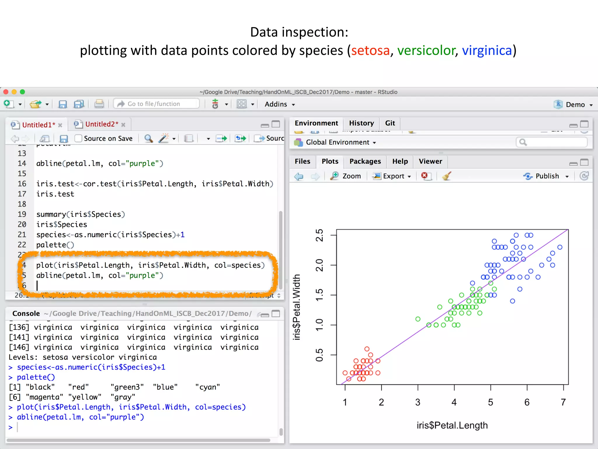 51
Data	inspection:		
plotting	with	data	points	colored	by	species	(setosa,	versicolor,	virginica)
 