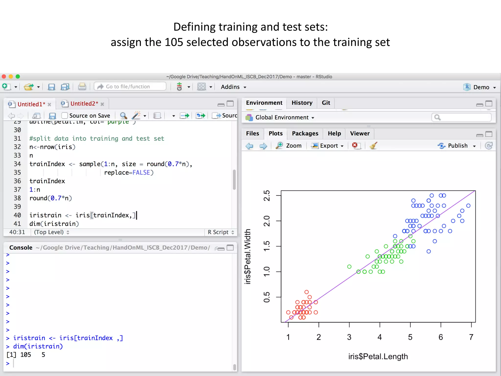 57
Defining	training	and	test	sets:		
assign	the	105	selected	observations	to	the	training	set
 