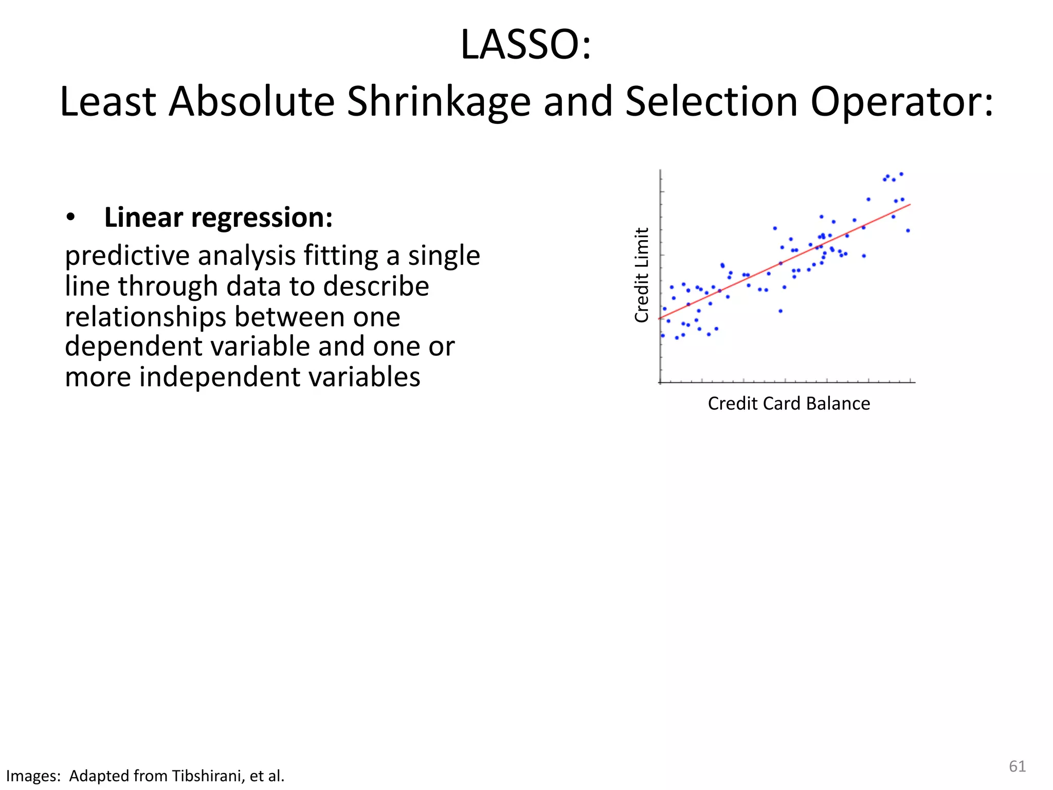 LASSO: 
Least	Absolute	Shrinkage	and	Selection	Operator:
• Linear	regression:		
predictive	analysis	fitting	a	single	
line	through	data	to	describe	
relationships	between	one	
dependent	variable	and	one	or	
more	independent	variables
61
Credit	Card	Balance
Credit	Limit
Images:		Adapted	from	Tibshirani,	et	al.		
 
