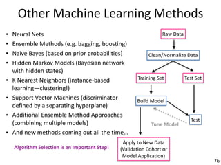 Other	Machine	Learning	Methods
• Neural	Nets	
• Ensemble	Methods	(e.g.	bagging,	boosting)	
• Naive	Bayes	(based	on	prior	p...