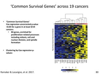 Scaled -log10 Cox p-value
-1 2 30 1
‘Common	Survival	Genes’	across	19	cancers
• ‘Common	Survival	Genes’	
Cox	regression	uncorrected	p-value	
<0.05	for	a	gene	in	at	least	9/19	
cancers:	
• 84	genes,	enriched	for	
proliferation-related	processes	
including	mitosis,	cell	and	
nuclear	division,	and	spindle	
formation		
• Clustering	by	Cox	regression	p-
values:		
7	‘Proliferative	Informative	Cancers’	
and	12	‘Non-Proliferative	Informative	
Cancers’	
80
ESCA
STAD
OV
LUSC
GBM
LAML
LIHC
SARC
BLCA
CESC
HNSC
BRCA
ACC
MESO
KIRP
LUAD
PAAD
LGG
KIRC
TopCrossCancerSurvivalGenes
*
C
Ramaker	&	Lasseigne,	et	al.	2017.
 