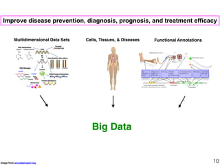 Cells, Tissues, & Diseases Functional Annotations
Image from encodeproject.org 10
Improve disease prevention, diagnosis, prognosis, and treatment efficacy
Multidimensional Data Sets
Big Data
 