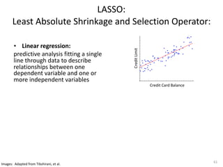LASSO: 
Least	Absolute	Shrinkage	and	Selection	Operator:
• Linear	regression:		
predictive	analysis	fitting	a	single	
line...