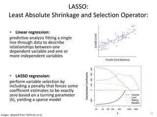 LASSO: 
Least	Absolute	Shrinkage	and	Selection	Operator:
• Linear	regression:		
predictive	analysis	fitting	a	single	
line	through	data	to	describe	
relationships	between	one	
dependent	variable	and	one	or	
more	independent	variables
• LASSO	regression:		
perform	variable	selection	by	
including	a	penalty	that	forces	some	
coefficient	estimates	to	be	exactly	
zero	based	on	a	turning	parameter	
(λ),	yielding	a	sparse	model
61
Credit	Card	Balance
Credit	Limit
Images:		Adapted	from	Tibshirani,	et	al.		
 