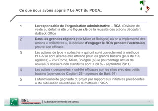 Ce que nous avons appris ? Le ACT du PDCA..



1       Le responsable de l'organisation administrative – ROA (Division de
        vente au détail) a été une figure clé de la réussite des actions découlant
        du Back Office
2       Dans les grandes régions (voir Milan et Bologne) où on a implementé des
        actions « collectives », la décision d'engager le ROA pendant l'extension
        prouvé son efficace.
3       Les actions de type « collective » qui ont suivi correctement la méthode
        PDCA se sont avérée être efficace pour les grands bassins (plus de 100
        agences) – voir Rome, Milan, Bologne (où le pourcentage actuel de
        nouveaux dossiers non standards sont < 20 % - septembre 2011)
4       Les action « personelles » ont été efficaces sur les sites avec des petits
        bassins (agences de Cagliari: 26 - agences de Bari: 54)
5       La fonctionnalité gagnante du projet par rapport aux initiatives précédentes
        a été l'utilisation scientifique de la méthode PDCA




                                                                                       17
 