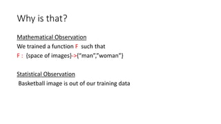 Why is that?
Mathematical Observation
We trained a function F such that
F : {space of images}->{“man”,”woman”}
Statistical Observation
Basketball image is out of our training data
 