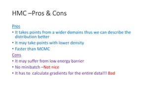 HMC –Pros & Cons
Pros
• It takes points from a wider domains thus we can describe the
distribution better
• It may take points with lower density
• Faster than MCMC
Cons
• It may suffer from low energy barrier
• No minibatch –Not nice
• It has to calculate gradients for the entire data!!! Bad
 