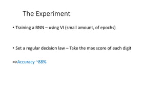 The Experiment
• Training a BNN – using VI (small amount, of epochs)
• Set a regular decision law – Take the max score of each digit
=>Accuracy ~88%
 