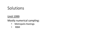 Solutions
Until 1999
Mostly numerical sampling:
• Metropolis Hastings
• RBM
 