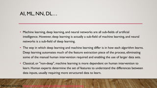 AI, ML, NN, DL…
• Machine learning, deep learning, and neural networks are all sub-fields of artificial
intelligence. However, deep learning is actually a sub-field of machine learning, and neural
networks is a sub-field of deep learning.
• The way in which deep learning and machine learning differ is in how each algorithm learns.
Deep learning automates much of the feature extraction piece of the process, eliminating
some of the manual human intervention required and enabling the use of larger data sets.
• Classical, or "non-deep", machine learning is more dependent on human intervention to
learn. Human experts determine the set of features to understand the differences between
data inputs, usually requiring more structured data to learn.
Machine Learning, https://www.ibm.com/cloud/learn/machine-learning
 
