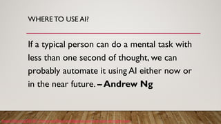 WHERE TO USE AI?
If a typical person can do a mental task with
less than one second of thought, we can
probably automate it using AI either now or
in the near future. – Andrew Ng
https://hbr.org/2016/11/what-artificial-intelligence-can-and-cant-do-right-now
 