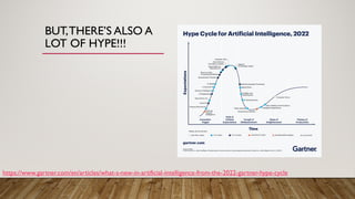 BUT,THERE’S ALSO A
LOT OF HYPE!!!
https://www.gartner.com/en/articles/what-s-new-in-artificial-intelligence-from-the-2022-gartner-hype-cycle
 
