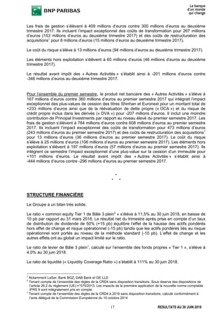 17 RESULTATS AU 30 JUIN 2018
Les frais de gestion s’élèvent à 409 millions d’euros contre 300 millions d’euros au deuxième
trimestre 2017. Ils incluent l’impact exceptionnel des coûts de transformation pour 267 millions
d’euros (153 millions d’euros au deuxième trimestre 2017) et des coûts de restructuration des
acquisitions1
pour 8 millions d’euros (15 millions d’euros au deuxième trimestre 2017).
Le coût du risque s’élève à 13 millions d’euros (94 millions d’euros au deuxième trimestre 2017).
Les éléments hors exploitation s’élèvent à 65 millions d’euros (46 millions d’euros au deuxième
trimestre 2017).
Le résultat avant impôt des « Autres Activités » s’établit ainsi à -201 millions d’euros contre
-346 millions d’euros au deuxième trimestre 2017.
Pour l’ensemble du premier semestre, le produit net bancaire des « Autres Activités » s’élève à
167 millions d’euros contre 360 millions d’euros au premier semestre 2017 qui intégrait l’impact
exceptionnel des plus-values de cession des titres Shinhan et Euronext pour un montant total de
+233 millions d’euros ainsi que de la réévaluation de dette propre (« OCA ») et du risque de
crédit propre inclus dans les dérivés (« DVA ») pour -207 millions d’euros. Il inclut une moindre
contribution de Principal Investments par rapport au niveau élevé du premier semestre 2017. Les
frais de gestion s’élèvent à 784 millions d’euros contre 608 millions d’euros au premier semestre
2017. Ils incluent l’impact exceptionnel des coûts de transformation pour 473 millions d’euros
(243 millions d’euros au premier semestre 2017) et des coûts de restructuration des acquisitions1
pour 13 millions d’euros (36 millions d’euros au premier semestre 2017). Le coût du risque
s’élève à 25 millions d’euros (106 millions d’euros au premier semestre 2017). Les éléments hors
exploitation s’élèvent à 197 millions d’euros (57 millions d’euros au premier semestre 2017). Ils
intègrent ce semestre l’impact exceptionnel d’une plus-value sur la cession d’un immeuble pour
+101 millions d’euros. Le résultat avant impôt des « Autres Activités » s’établit ainsi à
-444 millions d’euros contre -296 millions d’euros au premier semestre 2017.
*
* *
STRUCTURE FINANCIÈRE
Le Groupe a un bilan très solide.
Le ratio « common equity Tier 1 de Bâle 3 plein2
» s’élève à 11,5% au 30 juin 2018, en baisse de
10 pb par rapport au 31 mars 2018. Le résultat net du trimestre après prise en compte d’un taux
de distribution de dividende de 50% (+15 pb) équilibre l’effet de la hausse des actifs pondérés
hors effet de change et risque opérationnel (-15 pb) tandis que les actifs pondérés liés au risque
opérationnel sont portés au niveau de la méthode standard (-10 pb). L’effet de change et les
autres effets ont au global un impact limité sur le ratio.
Le ratio de levier de Bâle 3 plein3
, calculé sur l’ensemble des fonds propres « Tier 1 », s’élève à
4,0% au 30 juin 2018.
Le ratio de liquidité (« Liquidity Coverage Ratio ») s’établit à 111% au 30 juin 2018.
1
Notamment LaSer, Bank BGZ, DAB Bank et GE LLD
2
Tenant compte de l’ensemble des règles de la CRD4 sans disposition transitoire. Sous réserve des dispositions de
l’article 26.2 du règlement (UE) n°575/2013. Les impacts de la première application de la nouvelle norme comptable
IFRS 9 sont intégralement pris en compte
3
Tenant compte de l’ensemble des règles de la CRD4 à 2019 sans disposition transitoire, calculé conformément à
l’acte délégué de la Commission Européenne du 10 octobre 2014
 