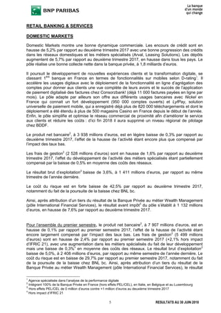 5 RESULTATS AU 30 JUIN 2018
RETAIL BANKING & SERVICES
DOMESTIC MARKETS
Domestic Markets montre une bonne dynamique commerciale. Les encours de crédit sont en
hausse de 5,2% par rapport au deuxième trimestre 2017 avec une bonne progression des crédits
dans les réseaux domestiques et les métiers spécialisés (Arval, Leasing Solutions). Les dépôts
augmentent de 5,7% par rapport au deuxième trimestre 2017, en hausse dans tous les pays. Le
pôle réalise une bonne collecte nette dans la banque privée, à 1,8 milliards d’euros.
Il poursuit le développement de nouvelles expériences clients et la transformation digitale, se
classant 1ère
banque en France en termes de fonctionnalités sur mobiles selon D-rating1
. Il
accélère les usages digitaux avec le déploiement de la fonctionnalité en ligne d’agrégation des
comptes pour donner aux clients une vue complète de leurs avoirs et le succès de l’application
de paiement digitalisé des factures chez Consorzbank! (déjà 11 000 factures payées en ligne par
mois). Le pôle adapte par ailleurs son offre aux différents usages bancaires avec Nickel en
France qui connait un fort développement (950 000 comptes ouverts) et LyfPay, solution
universelle de paiement mobile, qui a enregistré déjà plus de 820 000 téléchargements et dont le
déploiement a été étendu à plus de 500 magasins Casino en France depuis le début de l’année.
Enfin, le pôle simplifie et optimise le réseau commercial de proximité afin d’améliorer le service
aux clients et réduire les coûts : d’ici fin 2018 il aura supprimé un niveau régional de pilotage
chez BDDF.
Le produit net bancaire2
, à 3 938 millions d’euros, est en légère baisse de 0,3% par rapport au
deuxième trimestre 2017, l’effet de la hausse de l’activité étant encore plus que compensé par
l’impact des taux bas.
Les frais de gestion2
(2 528 millions d’euros) sont en hausse de 1,6% par rapport au deuxième
trimestre 2017, l’effet du développement de l’activité des métiers spécialisés étant partiellement
compensé par la baisse de 0,5% en moyenne des coûts des réseaux.
Le résultat brut d’exploitation2
baisse de 3,6%, à 1 411 millions d’euros, par rapport au même
trimestre de l’année dernière.
Le coût du risque est en forte baisse de 42,5% par rapport au deuxième trimestre 2017,
notamment du fait de la poursuite de la baisse chez BNL bc.
Ainsi, après attribution d’un tiers du résultat de la Banque Privée au métier Wealth Management
(pôle International Financial Services), le résultat avant impôt3
du pôle s’établit à 1 132 millions
d’euros, en hausse de 7,6% par rapport au deuxième trimestre 2017.
Pour l’ensemble du premier semestre, le produit net bancaire2
, à 7 907 millions d’euros, est en
hausse de 0,1% par rapport au premier semestre 2017, l’effet de la hausse de l’activité étant
encore largement compensé par l’impact des taux bas. Les frais de gestion2
(5 499 millions
d’euros) sont en hausse de 2,4% par rapport au premier semestre 2017 (+2,1% hors impact
d’IFRIC 21), avec une augmentation dans les métiers spécialisés du fait de leur développement
mais une baisse de 0,3%4
en moyenne des coûts des réseaux. Le résultat brut d’exploitation2
baisse de 5,0%, à 2 408 millions d’euros, par rapport au même semestre de l’année dernière. Le
coût du risque est en baisse de 29,7% par rapport au premier semestre 2017, notamment du fait
de la poursuite de la baisse chez BNL bc. Ainsi, après attribution d’un tiers du résultat de la
Banque Privée au métier Wealth Management (pôle International Financial Services), le résultat
1
Agence spécialisée dans l’analyse de la performance digitale
2
Intégrant 100% de la Banque Privée en France (hors effets PEL/CEL), en Italie, en Belgique et au Luxembourg
3
Hors effets PEL/CEL de 0 million d’euros contre +1 million d’euros au deuxième trimestre 2017
4
Hors impact d’IFRIC 21
 