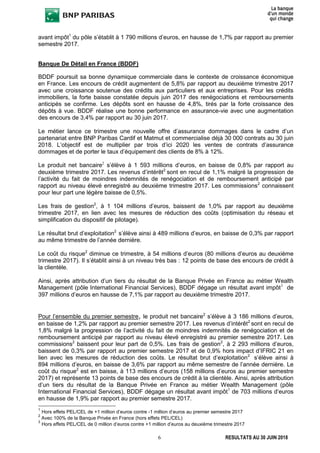 6 RESULTATS AU 30 JUIN 2018
avant impôt1
du pôle s’établit à 1 790 millions d’euros, en hausse de 1,7% par rapport au premier
semestre 2017.
Banque De Détail en France (BDDF)
BDDF poursuit sa bonne dynamique commerciale dans le contexte de croissance économique
en France. Les encours de crédit augmentent de 5,8% par rapport au deuxième trimestre 2017
avec une croissance soutenue des crédits aux particuliers et aux entreprises. Pour les crédits
immobiliers, la forte baisse constatée depuis juin 2017 des renégociations et remboursements
anticipés se confirme. Les dépôts sont en hausse de 4,8%, tirés par la forte croissance des
dépôts à vue. BDDF réalise une bonne performance en assurance-vie avec une augmentation
des encours de 3,4% par rapport au 30 juin 2017.
Le métier lance ce trimestre une nouvelle offre d’assurance dommages dans le cadre d’un
partenariat entre BNP Paribas Cardif et Matmut et commercialise déjà 30 000 contrats au 30 juin
2018. L’objectif est de multiplier par trois d’ici 2020 les ventes de contrats d’assurance
dommages et de porter le taux d’équipement des clients de 8% à 12%.
Le produit net bancaire2
s’élève à 1 593 millions d’euros, en baisse de 0,8% par rapport au
deuxième trimestre 2017. Les revenus d’intérêt2
sont en recul de 1,1% malgré la progression de
l’activité du fait de moindres indemnités de renégociation et de remboursement anticipé par
rapport au niveau élevé enregistré au deuxième trimestre 2017. Les commissions2
connaissent
pour leur part une légère baisse de 0,5%.
Les frais de gestion2
, à 1 104 millions d’euros, baissent de 1,0% par rapport au deuxième
trimestre 2017, en lien avec les mesures de réduction des coûts (optimisation du réseau et
simplification du dispositif de pilotage).
Le résultat brut d’exploitation2
s’élève ainsi à 489 millions d’euros, en baisse de 0,3% par rapport
au même trimestre de l’année dernière.
Le coût du risque2
diminue ce trimestre, à 54 millions d’euros (80 millions d’euros au deuxième
trimestre 2017). Il s’établit ainsi à un niveau très bas : 12 points de base des encours de crédit à
la clientèle.
Ainsi, après attribution d’un tiers du résultat de la Banque Privée en France au métier Wealth
Management (pôle International Financial Services), BDDF dégage un résultat avant impôt3
de
397 millions d’euros en hausse de 7,1% par rapport au deuxième trimestre 2017.
Pour l’ensemble du premier semestre, le produit net bancaire2
s’élève à 3 186 millions d’euros,
en baisse de 1,2% par rapport au premier semestre 2017. Les revenus d’intérêt2
sont en recul de
1,8% malgré la progression de l’activité du fait de moindres indemnités de renégociation et de
remboursement anticipé par rapport au niveau élevé enregistré au premier semestre 2017. Les
commissions2
baissent pour leur part de 0,5%. Les frais de gestion2
, à 2 293 millions d’euros,
baissent de 0,3% par rapport au premier semestre 2017 et de 0,9% hors impact d’IFRIC 21 en
lien avec les mesures de réduction des coûts. Le résultat brut d’exploitation2
s’élève ainsi à
894 millions d’euros, en baisse de 3,6% par rapport au même semestre de l’année dernière. Le
coût du risque2
est en baisse, à 113 millions d’euros (158 millions d’euros au premier semestre
2017) et représente 13 points de base des encours de crédit à la clientèle. Ainsi, après attribution
d’un tiers du résultat de la Banque Privée en France au métier Wealth Management (pôle
International Financial Services), BDDF dégage un résultat avant impôt1
de 703 millions d’euros
en hausse de 1,9% par rapport au premier semestre 2017.
1
Hors effets PEL/CEL de +1 million d’euros contre -1 million d’euros au premier semestre 2017
2
Avec 100% de la Banque Privée en France (hors effets PEL/CEL)
3
Hors effets PEL/CEL de 0 million d’euros contre +1 million d’euros au deuxième trimestre 2017
 