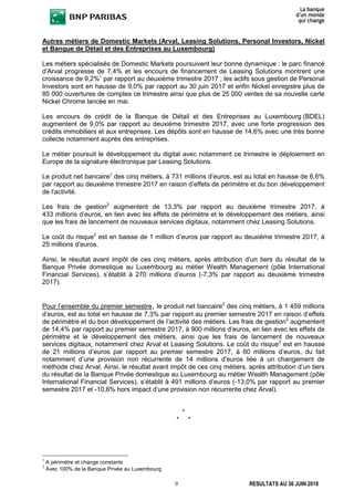 9 RESULTATS AU 30 JUIN 2018
Autres métiers de Domestic Markets (Arval, Leasing Solutions, Personal Investors, Nickel
et Banque de Détail et des Entreprises au Luxembourg)
Les métiers spécialisés de Domestic Markets poursuivent leur bonne dynamique : le parc financé
d’Arval progresse de 7,4% et les encours de financement de Leasing Solutions montrent une
croissance de 9,2%1
par rapport au deuxième trimestre 2017 ; les actifs sous gestion de Personal
Investors sont en hausse de 9,0% par rapport au 30 juin 2017 et enfin Nickel enregistre plus de
85 000 ouvertures de comptes ce trimestre ainsi que plus de 25 000 ventes de sa nouvelle carte
Nickel Chrome lancée en mai.
Les encours de crédit de la Banque de Détail et des Entreprises au Luxembourg (BDEL)
augmentent de 9,0% par rapport au deuxième trimestre 2017, avec une forte progression des
crédits immobiliers et aux entreprises. Les dépôts sont en hausse de 14,6% avec une très bonne
collecte notamment auprès des entreprises.
Le métier poursuit le développement du digital avec notamment ce trimestre le déploiement en
Europe de la signature électronique par Leasing Solutions.
Le produit net bancaire2
des cinq métiers, à 731 millions d’euros, est au total en hausse de 6,6%
par rapport au deuxième trimestre 2017 en raison d’effets de périmètre et du bon développement
de l’activité.
Les frais de gestion2
augmentent de 13,3% par rapport au deuxième trimestre 2017, à
433 millions d’euros, en lien avec les effets de périmètre et le développement des métiers, ainsi
que les frais de lancement de nouveaux services digitaux, notamment chez Leasing Solutions.
Le coût du risque2
est en baisse de 1 million d’euros par rapport au deuxième trimestre 2017, à
25 millions d’euros.
Ainsi, le résultat avant impôt de ces cinq métiers, après attribution d’un tiers du résultat de la
Banque Privée domestique au Luxembourg au métier Wealth Management (pôle International
Financial Services), s’établit à 270 millions d’euros (-7,3% par rapport au deuxième trimestre
2017).
Pour l’ensemble du premier semestre, le produit net bancaire2
des cinq métiers, à 1 459 millions
d’euros, est au total en hausse de 7,3% par rapport au premier semestre 2017 en raison d’effets
de périmètre et du bon développement de l’activité des métiers. Les frais de gestion2
augmentent
de 14,4% par rapport au premier semestre 2017, à 900 millions d’euros, en lien avec les effets de
périmètre et le développement des métiers, ainsi que les frais de lancement de nouveaux
services digitaux, notamment chez Arval et Leasing Solutions. Le coût du risque2
est en hausse
de 21 millions d’euros par rapport au premier semestre 2017, à 60 millions d’euros, du fait
notamment d’une provision non récurrente de 14 millions d’euros liée à un changement de
méthode chez Arval. Ainsi, le résultat avant impôt de ces cinq métiers, après attribution d’un tiers
du résultat de la Banque Privée domestique au Luxembourg au métier Wealth Management (pôle
International Financial Services), s’établit à 491 millions d’euros (-13,0% par rapport au premier
semestre 2017 et -10,6% hors impact d’une provision non récurrente chez Arval).
*
* *
1
A périmètre et change constants
2
Avec 100% de la Banque Privée au Luxembourg
 