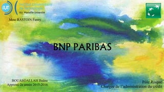 BNP PARIBAS
Pôle Risque
Chargée de l’administration du crédit
BOUABDALLAH Ihsâne
Apprenti 2e année 2015-2016
Mme RASTOIN Fanny
 