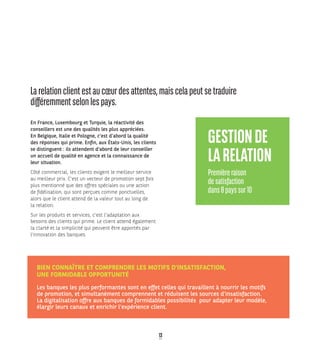 13  
En France, Luxembourg et Turquie, la réactivité des
conseillers est une des qualités les plus appréciées.
En Belgique, Italie et Pologne, c’est d’abord la qualité
des réponses qui prime. Enfin, aux États-Unis, les clients
se distinguent : ils attendent d’abord de leur conseiller
un accueil de qualité en agence et la connaissance de
leur situation.
Côté commercial, les clients exigent le meilleur service
au meilleur prix. C’est un vecteur de promotion sept fois
plus mentionné que des offres spéciales ou une action
de fidélisation, qui sont perçues comme ponctuelles,
alors que le client attend de la valeur tout au long de
la relation.
Sur les produits et services, c’est l’adaptation aux
besoins des clients qui prime. Le client attend également
la clarté et la simplicité qui peuvent être apportés par
l'innovation des banques. 
Larelationclientestaucœurdesattentes,maiscelapeutsetraduire
différemmentselonlespays.
GESTIONDE
LARELATION
Premièreraison
desatisfaction
dans8payssur10
 
BIEN CONNAÎTRE ET COMPRENDRE LES MOTIFS D’INSATISFACTION,
UNE FORMIDABLE OPPORTUNITÉ
Les banques les plus performantes sont en effet celles qui travaillent à nourrir les motifs
de promotion, et simultanément comprennent et réduisent les sources d’insatisfaction.
La digitalisation offre aux banques de formidables possibilités pour adapter leur modèle,
élargir leurs canaux et enrichir l’expérience client.
 