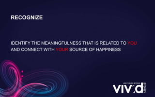 IDENTIFY THE MEANINGFULNESS THAT IS RELATED TO YOU
AND CONNECT WITH YOUR SOURCE OF HAPPINESS
RECOGNIZE
 