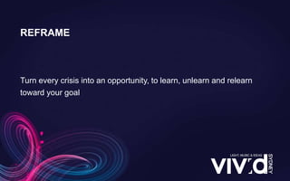 Turn every crisis into an opportunity, to learn, unlearn and relearn
toward your goal
REFRAME
 