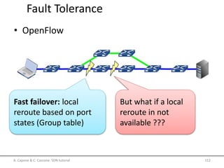 Fault Tolerance
A. Capone & C. Cascone: SDN tutorial 112
• OpenFlow
Fast failover: local
reroute based on port
states (Group table)
But what if a local
reroute in not
available ???
 