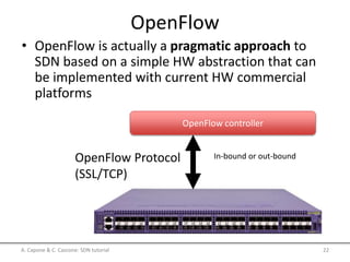 OpenFlow Protocol
(SSL/TCP)
OpenFlow controller
In-bound or out-bound
OpenFlow
• OpenFlow is actually a pragmatic approach to
SDN based on a simple HW abstraction that can
be implemented with current HW commercial
platforms
A. Capone & C. Cascone: SDN tutorial 22
 