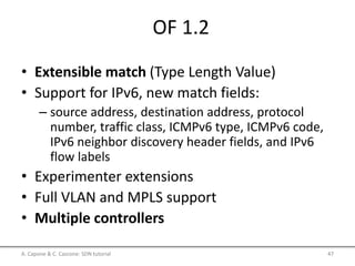 OF 1.2
• Extensible match (Type Length Value)
• Support for IPv6, new match fields:
– source address, destination address, protocol
number, traffic class, ICMPv6 type, ICMPv6 code,
IPv6 neighbor discovery header fields, and IPv6
flow labels
• Experimenter extensions
• Full VLAN and MPLS support
• Multiple controllers
A. Capone & C. Cascone: SDN tutorial 47
 